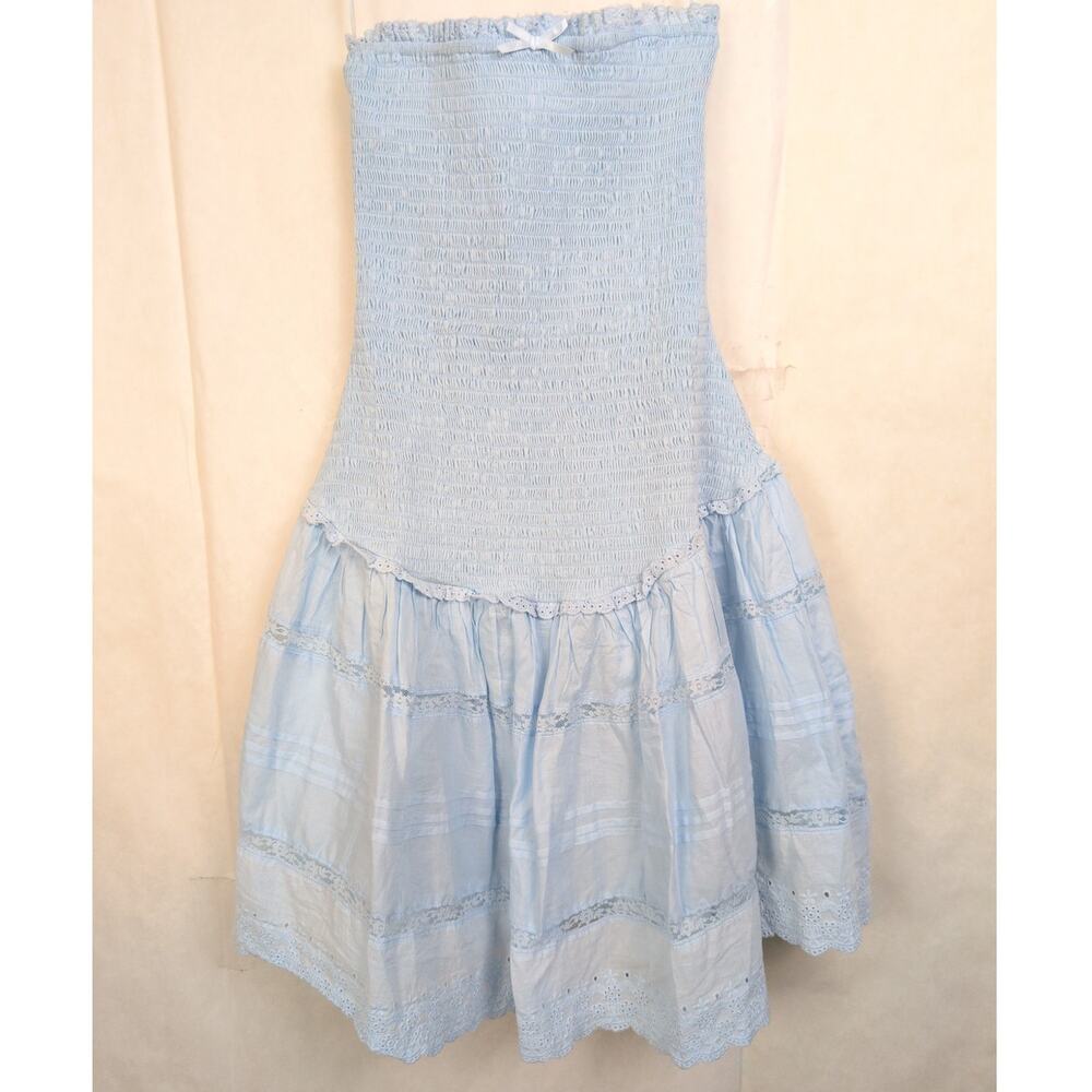 Sundays Soho blue smocked embroidered strapless dress Size Small Boho Retro